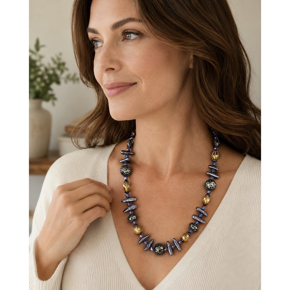 Chico's Beaded Necklace – Purple Shell, Yellow Faceted Glass & Silver Tone Beads